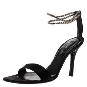 Pre Owned Sergio Rossi Black Satin Beaded Ankle Strap Sandals Size 39.5