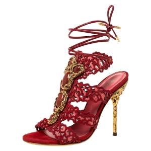 Pre Owned Sergio Rossi Red Suede Red Stone Detailed Laser Cut Sandals Size 35
