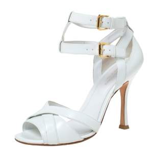 Pre Owned Sergio Rossi White Leather Double Ankle Strap Cross Strap Open Toe Sandals Size 37.5