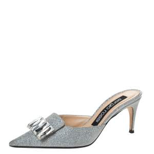Pre Owned Sergio Rossi Silver Glitter Fabric Crystal Embellished Pointed Toe Mules Size 37.5