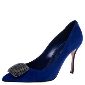 Pre Owned Sergio Rossi Blue Suede Leather Embellished Pumps Size 38