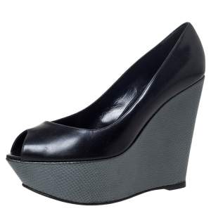 Pre Owned Sergio Rossi Black/Grey Leather Peep Toe Platform Wedge Pumps Size 37