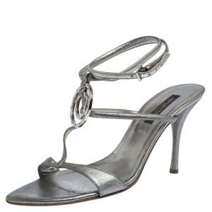 Pre Owned Sergio Rossi Metallic Silver Leather Embellished Ankle Strap Sandals Size 38