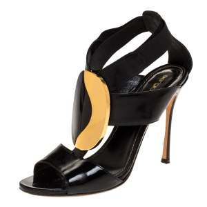 Pre Owned Sergio Rossi Black Patent Embellished Elastic Strappy Sandals Size 38