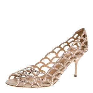 Pre Owned Sergio Rossi Beige Crystal Embellished Suede Leather Cutout Open Toe Sandals Size 39
