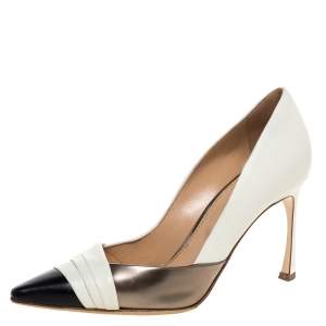 Pre Owned Sergio Rossi Tri Color Leather Pleated Cap Toe Pumps Size 35.5