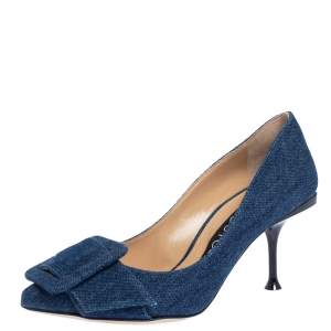 Pre Owned Sergio Rossi Blue Denim Buckle Pointed Toe Pumps Size 35