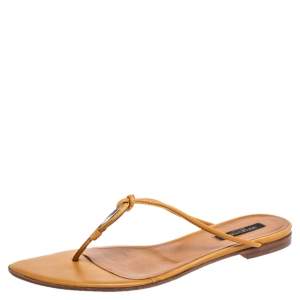 Sergio Rossi Tan Leather Knot Detail Flat Thong Sandals Size 40.5
