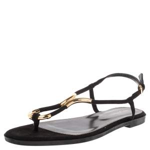 Pre Owned Sergio Rossi Black Suede Gold Embellished Flat Sandals Size 38