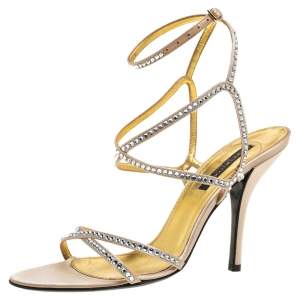 Pre Owned Sergio Rossi Beige Crystal Embellished Satin Ankle Strap Sandals Size 39