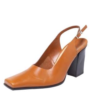 Pre Owned Sergio Rossi Tan Leather Vintage Slingback Square Toe Pumps Size 38.5