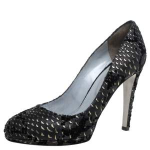 Pre Owned Sergio Rossi Black/Gold Python Embossed Suede Round Toe Pumps Size 38.5