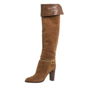 Pre Owned Sergio Rossi Brown Suede Zip Embellished Knee Length Boots Size 38