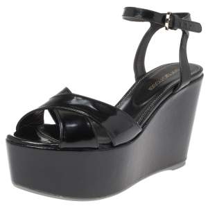 Pre Owned Sergio Rossi Black Criss Cross Patent Leather Ankle Strap Wedge Sandals Size 36