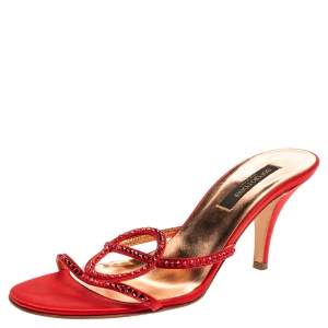 Sergio Rossi Red Satin Crystal Embellished Slip On Sandals Size 37.5