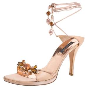 Pre Owned Sergio Rossi Peach Satin Crystal Embellished Lace Up Sandals Size 41