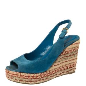 Pre Owned Sergio Rossi Blue Suede Wedge Platform Sandals Size 38