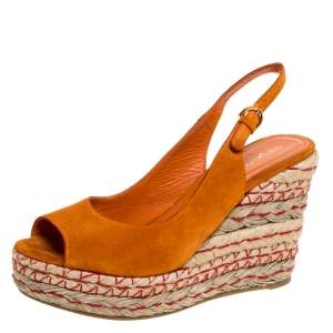 Pre Owned Sergio Rossi Orange Suede Espadrille Wedge Slingback Sandals Size 38