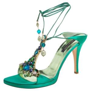 Pre Owned Sergio Rossi Green Satin Crystal Embellished Open Toe Tie Up Sandals Size 41