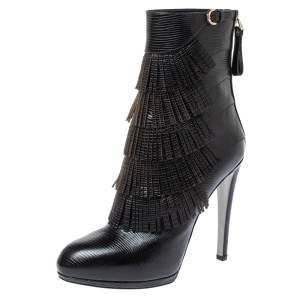 Pre Owned Sergio Rossi Black Lizard Embossed Leather Fringe Boots Size 38.5