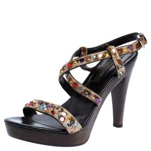 Pre Owned Sergio Rossi Brown Calf Hair Jewel Embellished Ankle strap Clog Sandals Size 38