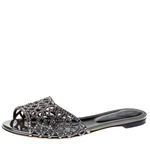 Pre Owned Sergio Rossi Grey Laser Cut Crystal Embellished Leather Slide Flat Sandals Size 38.5