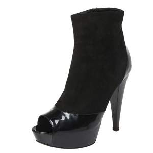 Pre Owned Sergio Rossi Black Patent And Suede Leather Baltimora Peep Toe Platform Ankle Boots Size 37.5