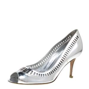 Sergio Rossi Silver Laser Cut Leather Pumps Size 37