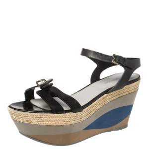 Sergio Rossi Black Leather Wedge Espadrille Ankle Strap Sandals Size 40