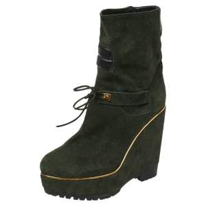 Pre Owned Sergio Rossi Dark Green Suede Lace Wedge Ankle Boots Size 40