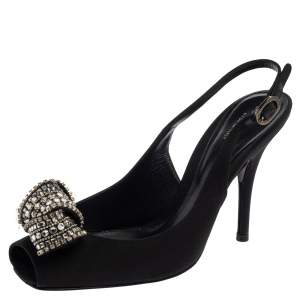 Pre Owned Sergio Rossi Black Satin Crystal Embellished Square Toe Slingback Sandals Size 38