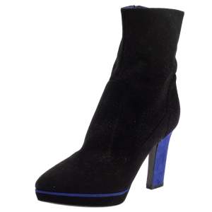 Pre Owned Sergio Rossi Black/Blue Suede Zipped Ankle Boots Size 40.5 