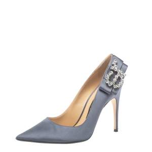Sergio Rossi Grey Satin Icona Embellished Pointed Toe Pumps Size 39