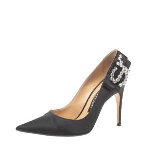 Pre Owned Sergio Rossi Black Satin Icona Embellished Pointed Toe Pumps Size 39