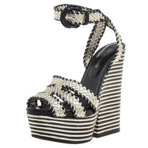 Pre Owned Sergio Rossi Black/Silver Leather Platform Block Heel Sandals Size 36.5