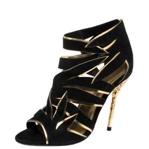 Pre Owned Sergio Rossi Black/Gold Suede Leather Cutout Open Toe Ankle Booties Size 37