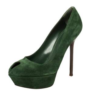 Pre Owned Sergio Rossi Green Suede Peep Toe Platform Pumps Size 39