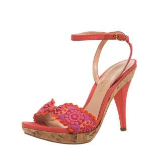 Sergio Rossi Orange Embroidered Strap Sandals Size 37.5