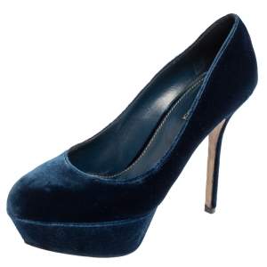 Pre Owned Sergio Rossi  Blue Velvet Platform Pumps Size 37.5