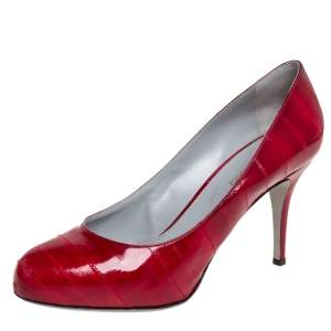 Pre Owned Sergio Rossi Red Patent Leather Round Toe Pumps Size 38.5