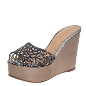 Pre Owned Sergio Rossi Metallic Grey Crystal Embellished Suede Tresor Wedge Platform Sandals Size 38.5