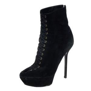 Pre Owned Sergio Rossi Black Suede Lace Up Platform Booties Size 39
