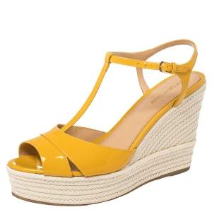 Pre Owned Sergio Rossi Yellow Patent Leather Wedge Platform Sandals Size 39