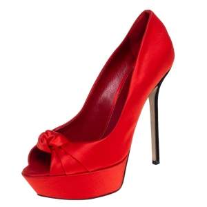 Pre Owned Sergio Rossi Red Satin Knotted Peep Toe Platform Pumps Size 39.5