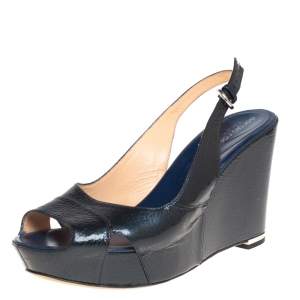 Pre Owned Sergio Rossi Dark Blue Patent Leather Wedge Platform Slingback Sandals Size 39.5