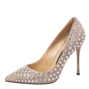 Sergio Rossi Beige Crystal Embellished Suede Pointe Toe Pumps Size 38.5