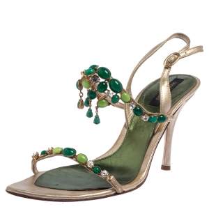 Pre Owned Sergio Rossi Gold Leather Jewel Embellished Ankle Strap Sandals Size 38.5