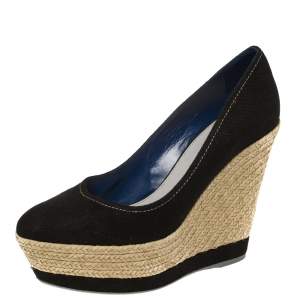 Pre Owned Sergio Rossi Black Canvas Platform Espadrille Wedge  Pumps Size 38.5