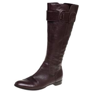 Pre Owned Sergio Rossi Brown Leather Bucke Embellished Mid Calf Boots Size 39.5