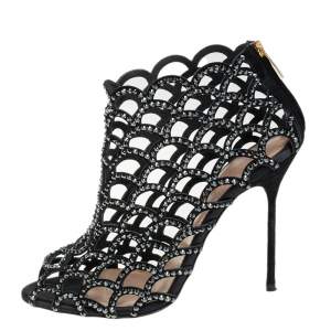 Pre Owned Sergio Rossi Black Suede Crystal Embellished Scalloped Peep Toe Caged Booties Size 38.5